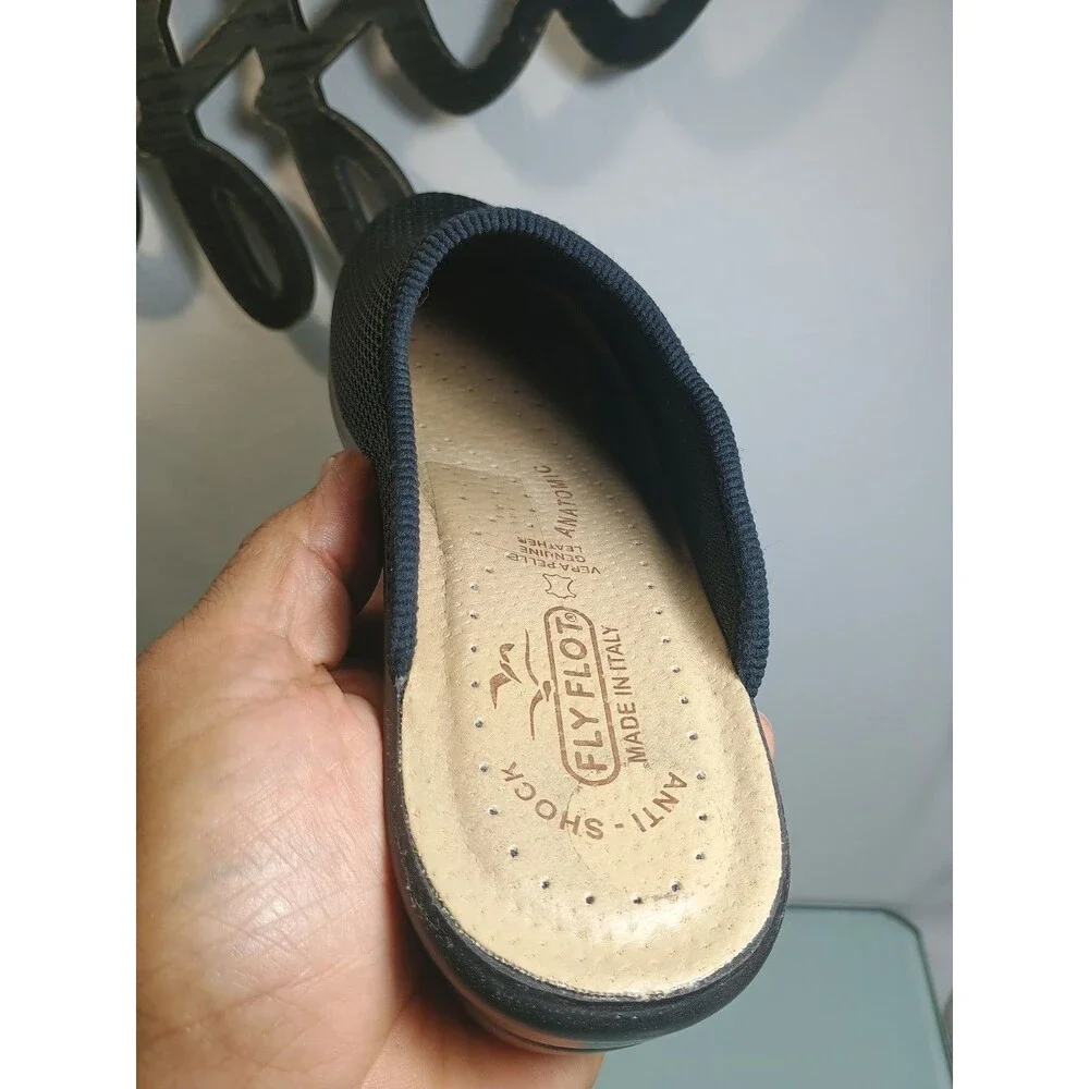 New Fly Flot Womens EU 37 Black Knit Anti Shock Backless Mules Clogs Light